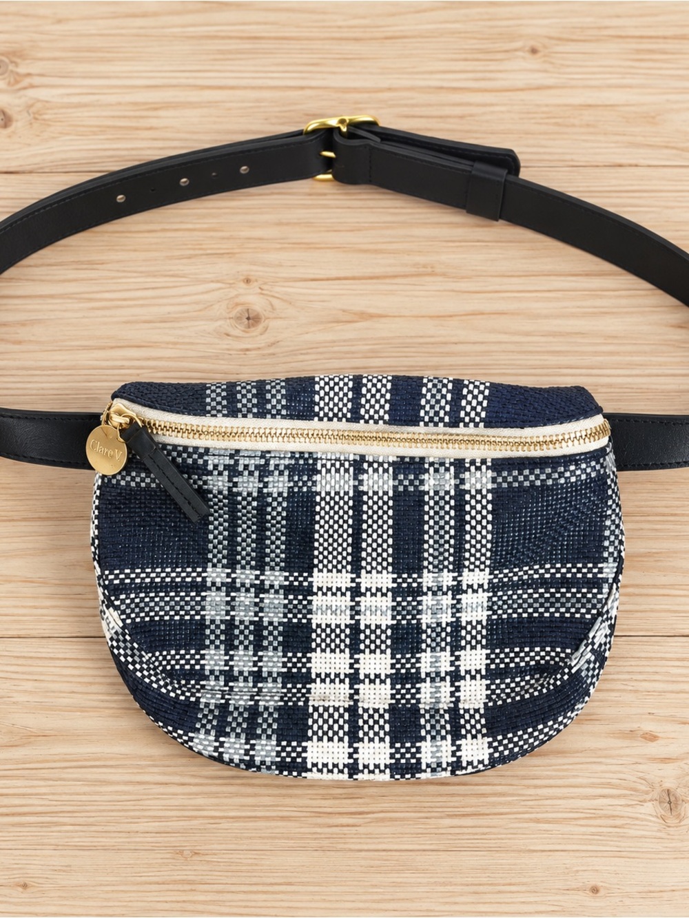 Clare V Woven Plaid Belt Bag with Strap | Navy Black Tan White